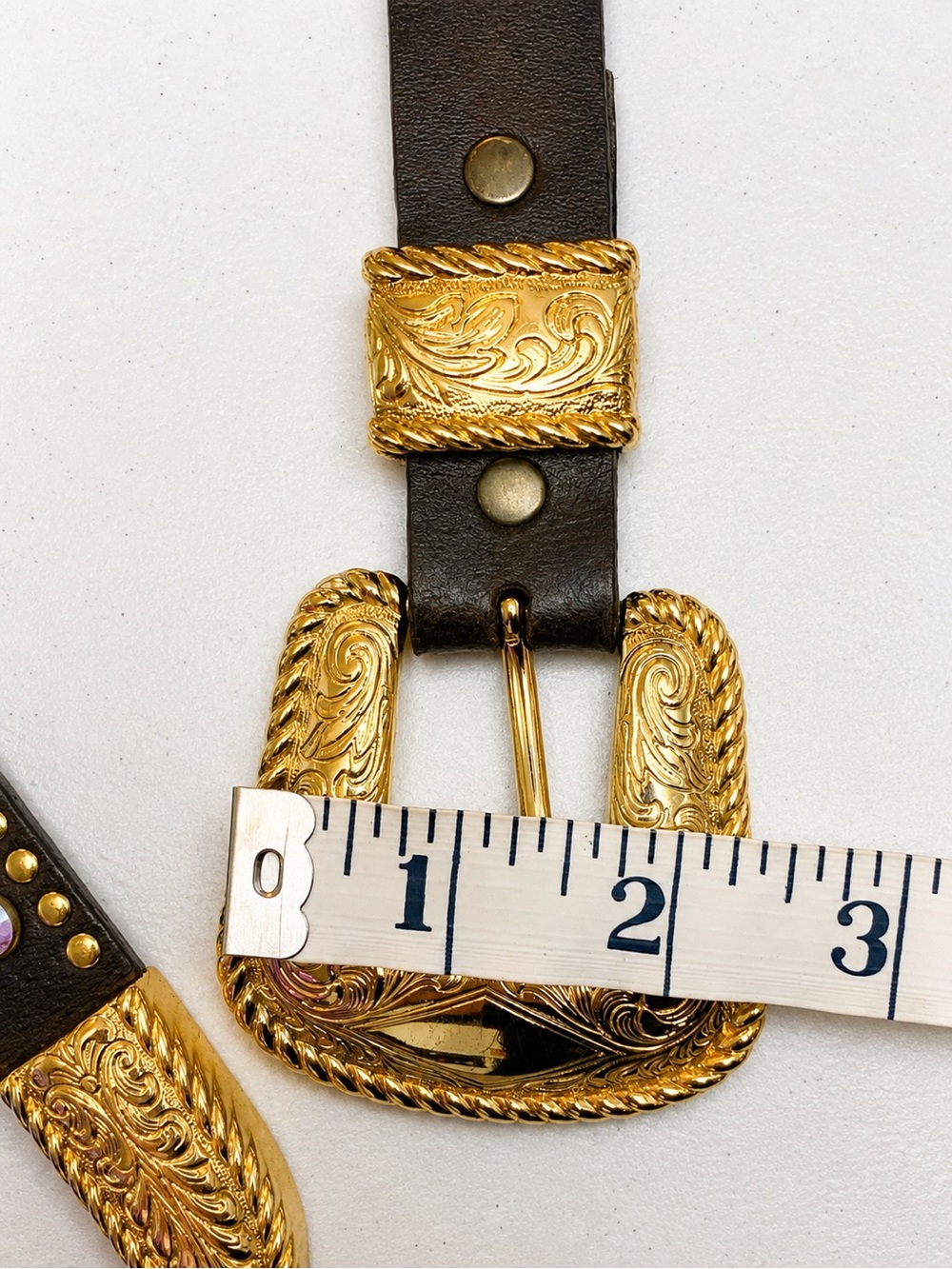 Nocona Western Belt XXL Genuine Leather Gold Studs Rhinestones Ornate Buckle - Picture 5 of 6